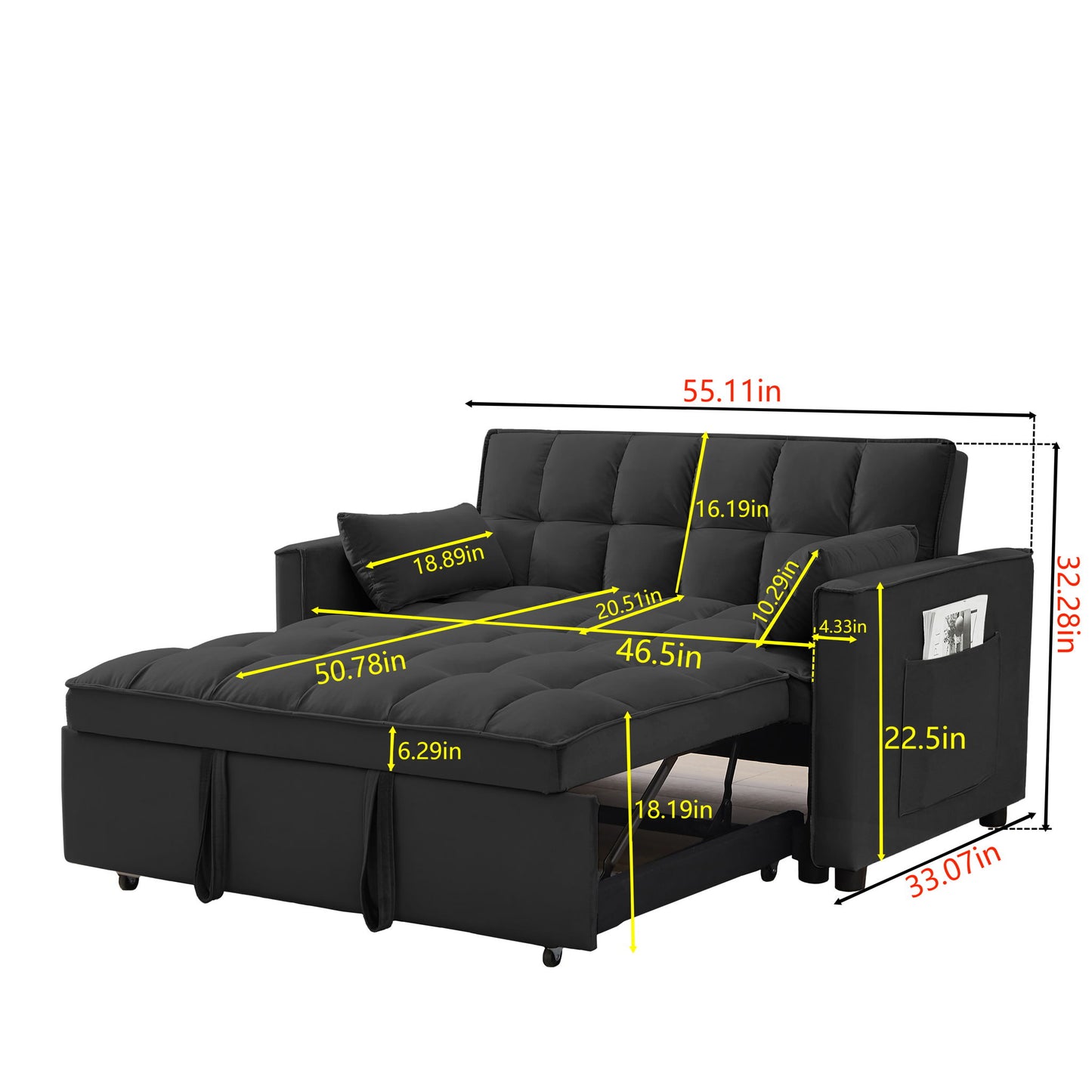 Modern Velvet Convertible Loveseat Futon Sofa With Pullout Bed, Reclining Backrest