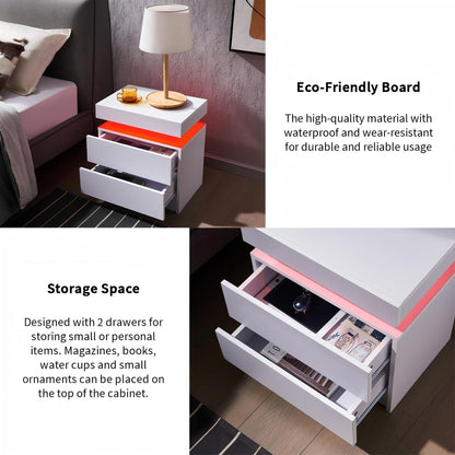 Modern LED Bedside Table Cabinet With Adjustable Lights And 2 Drawers - White