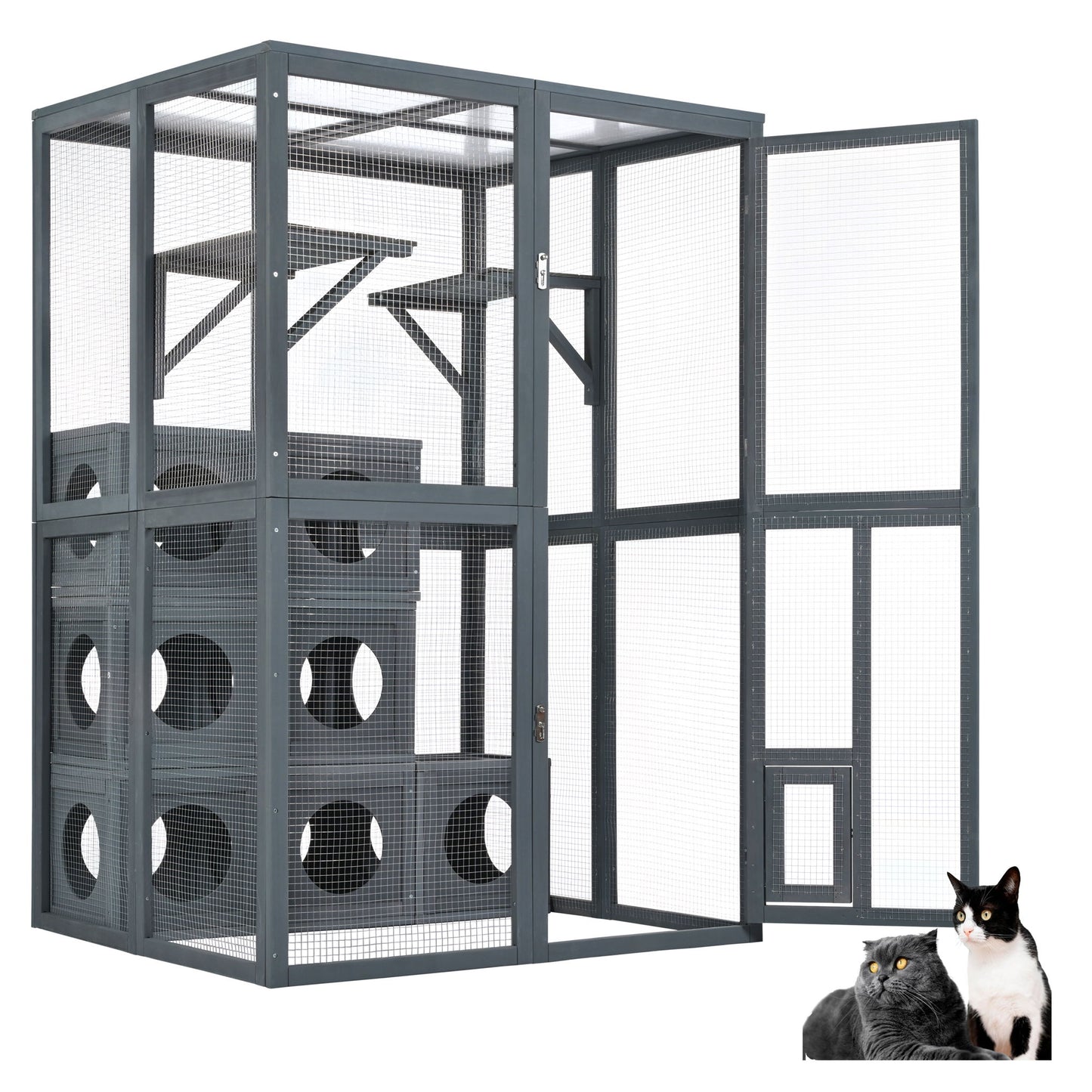 Outdoor Cat House With Shelves And Weather Protection, Removable Wood Boxes - Gray