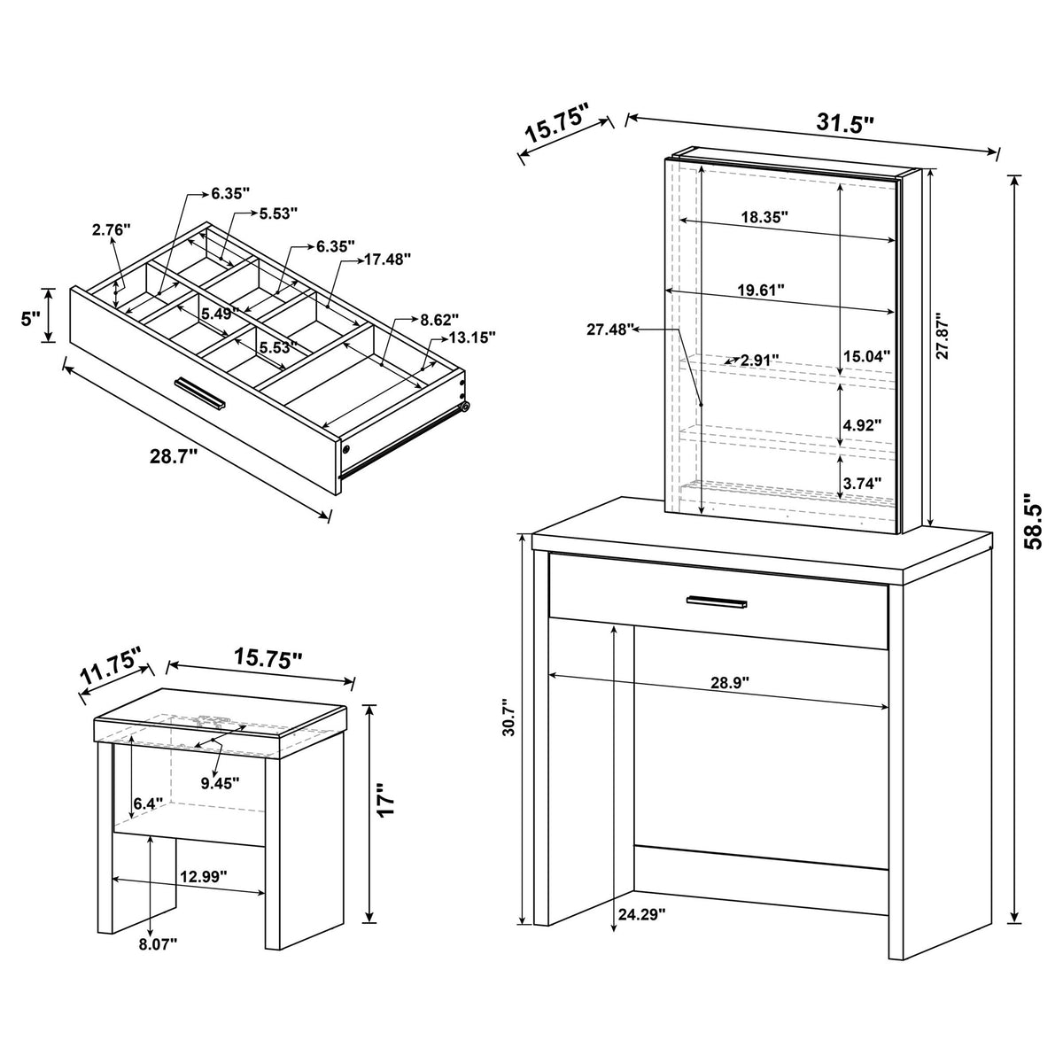 Walsh - Makeup Vanity Table With Mirror And Stool - White