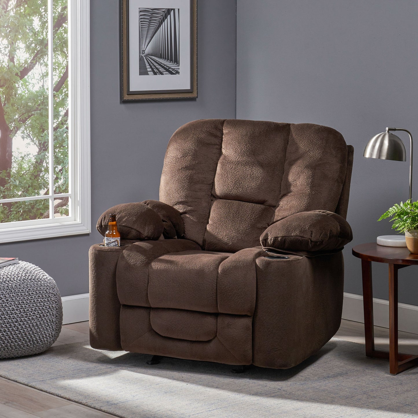 Luxurious Manual Recliner Chair With Skin-Friendly Fabric And Dual Cup Holders