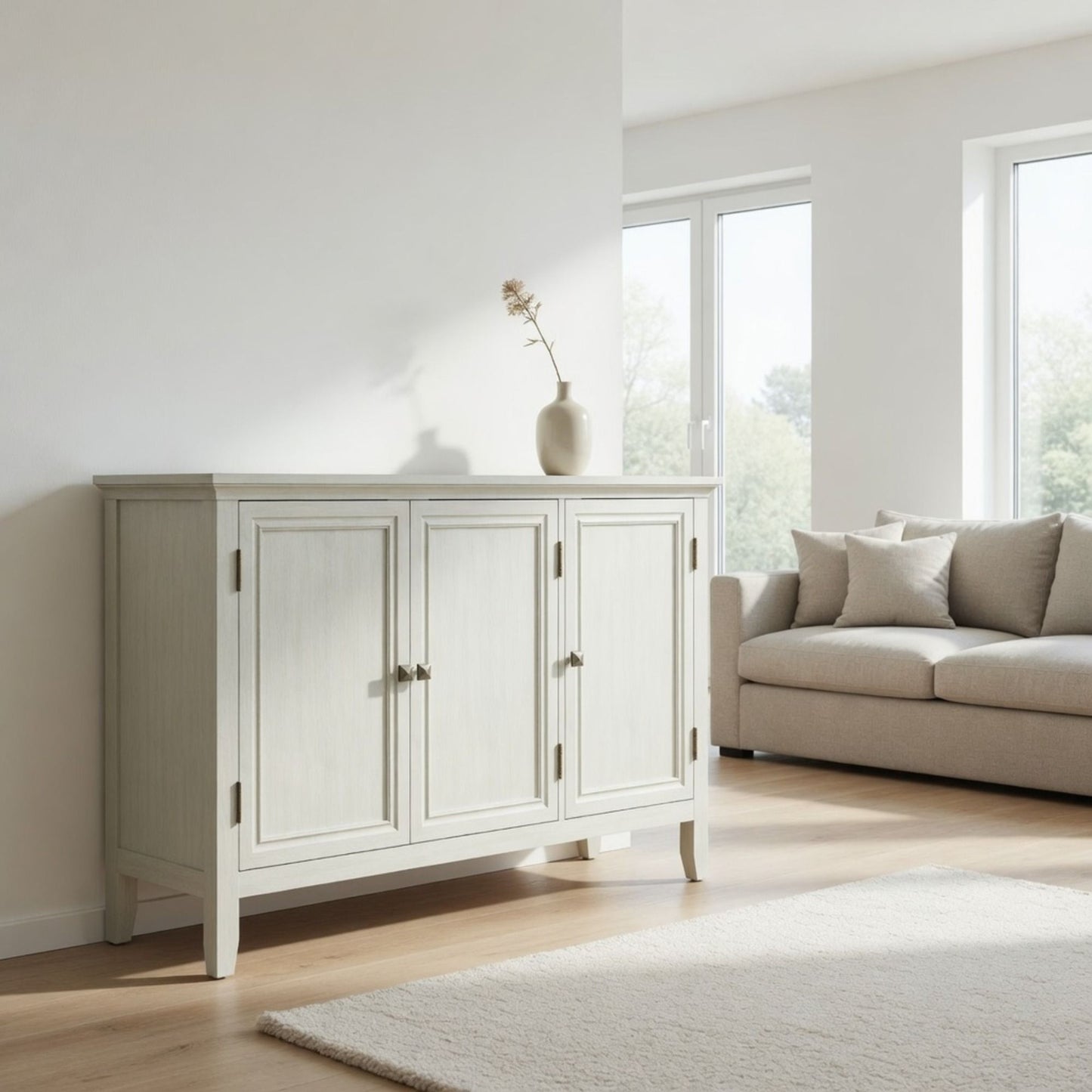 3 Door Buffet Cabinet With Adjustable Shelves - Matte White / Grayish