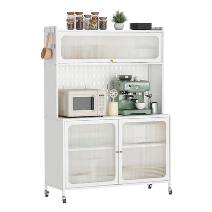 Contemporary Kitchen Pantry Cabinet With Glass Doors, Adjustable Shelves, Steel - Brushed Nickel