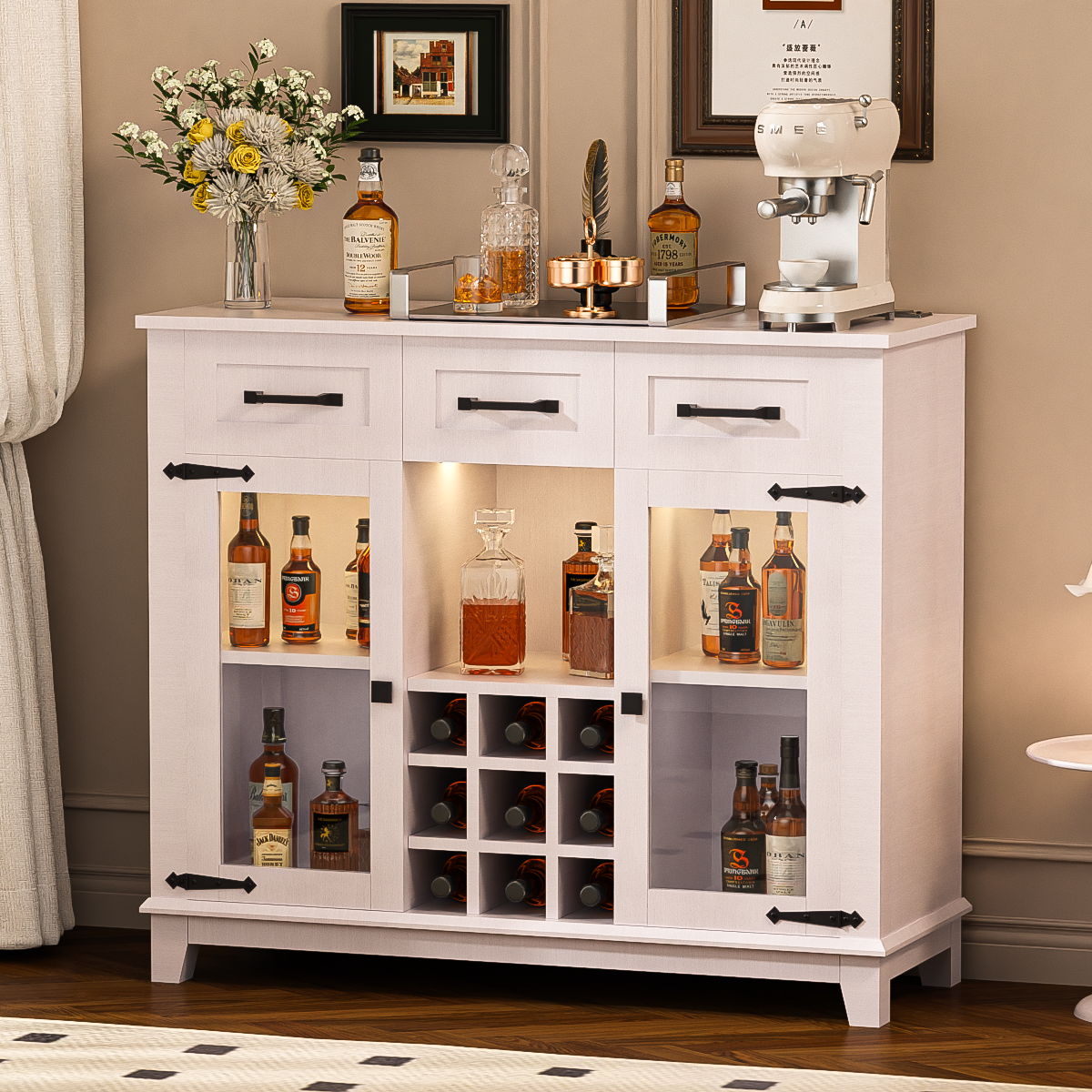 Modern Farmhouse Sideboard Buffet Coffee Bar Cabinet Storage Cabinet With LED Charging Station, Wine & Glass Rack, 3 Drawers, For Kitchen, Dining Room, Living Room - Antique White