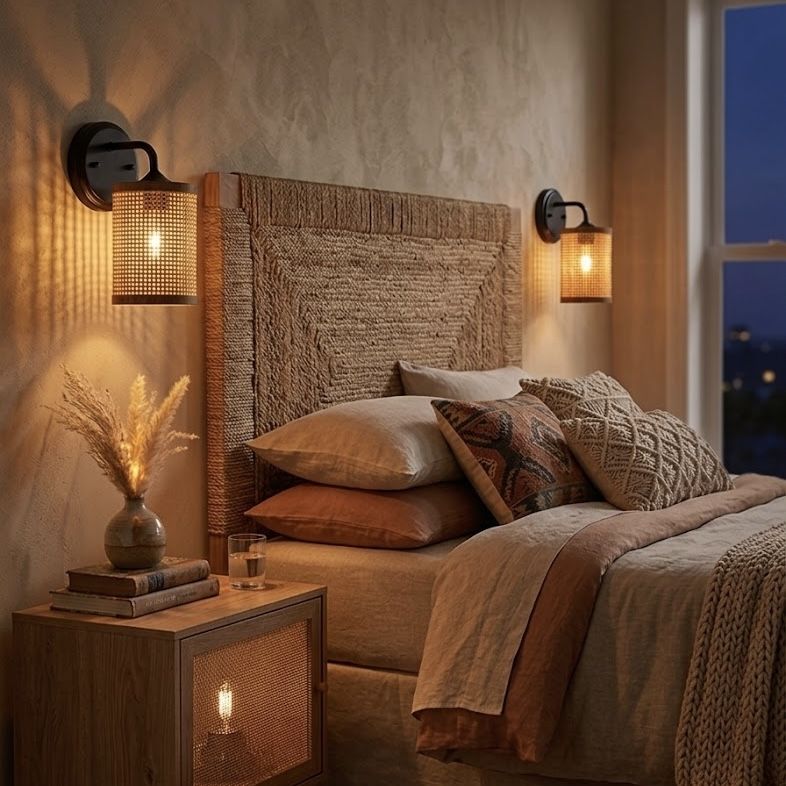 Reef - Single Lights Wall Sconce With Natural Shade Rustic Wicker Wall Light - Black / Rattan