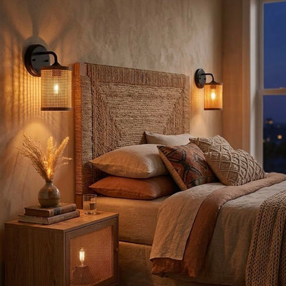 Reef - Single Lights Wall Sconce With Natural Shade Rustic Wicker Wall Light - Black / Rattan