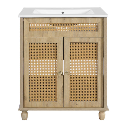 Bathroom Vanity With Handwoven Rattan Doors, Resin Basin - Natural Wood