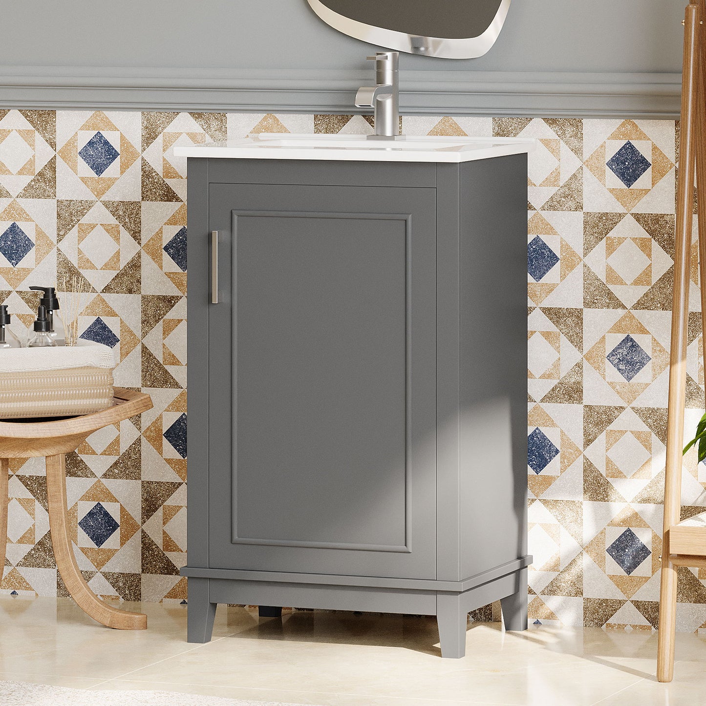 Modern Small Bathroom Vanity Cabinet With Ceramic Basin, Ample Storage, 1 Soft Close Door