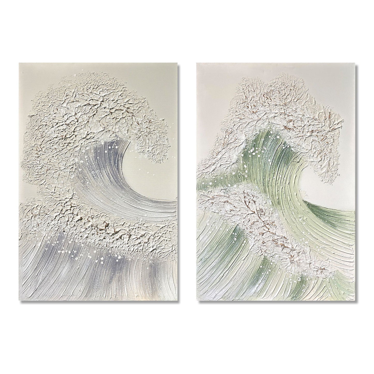 Ocean Wave Wall Art, Textured Canvas Painting With Accents (Set of 2) - Sage Green+Gold