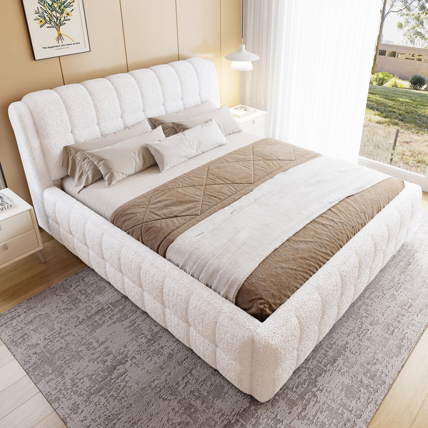 Upholstered Platform Bed With Stiching Details
