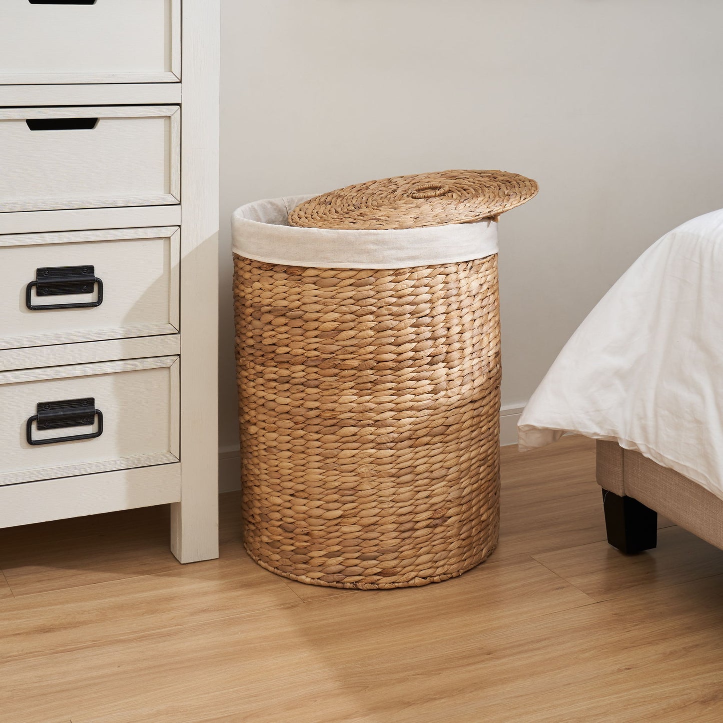 Round Tall Water Hyacinth Woven Wicker Laundry Hamper With Lid - For Clothes, Canvas, Toys And Book Storage With Removable Liner - 15" X 15" X 20" - Natural Brown