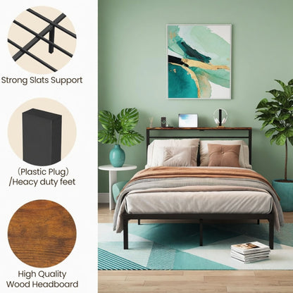 Platform Bed Frame With Charging Station & Headboard Shelves