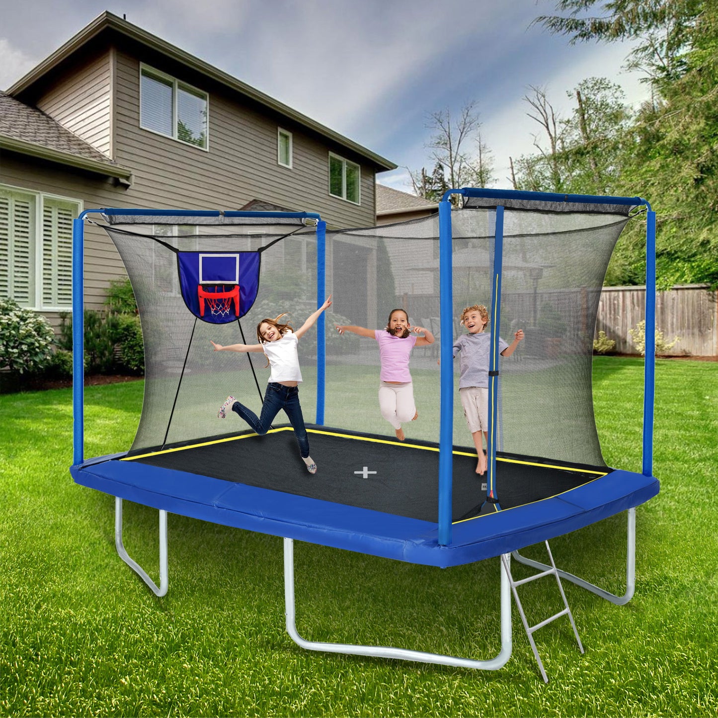 New Yc 8Ft By 12Ft Rectangular Trampoline With Basketball Board, Ball Inflater And Ladd Astm Standard Tested And Cpc Certified - Blue