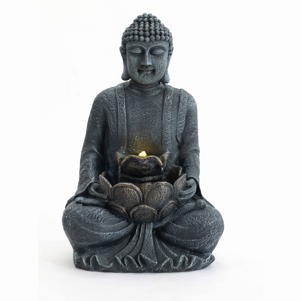 Zen - 2 Tier Meditating Buddha Water Fountain With Pump & LED Light - Gray