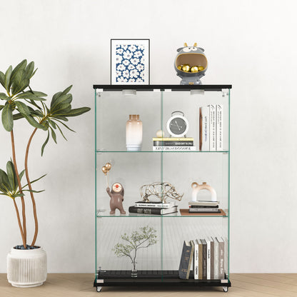 Modern Display Cabinet With LED Lights, Transparent Tempered Glass 2 Door Storage Case With 3 Shelves