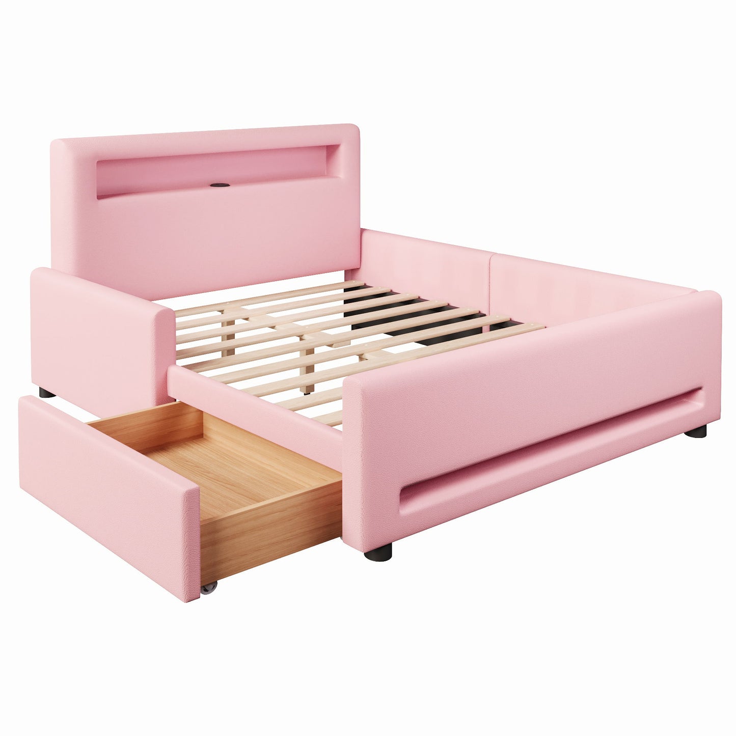 Upholstered Platform Bed With Drawer, LED Light Strip, USB Port