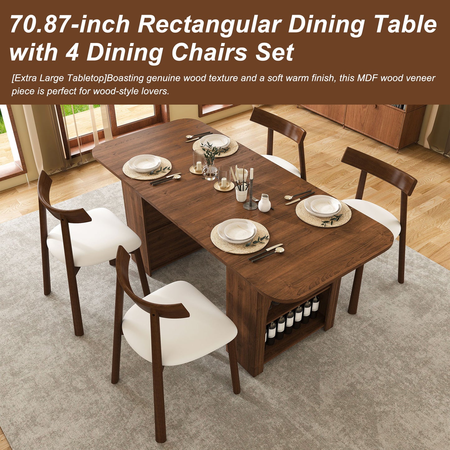 Dining Set With 4 Chairs, Table With Drawers & Open Shelf - Walnut