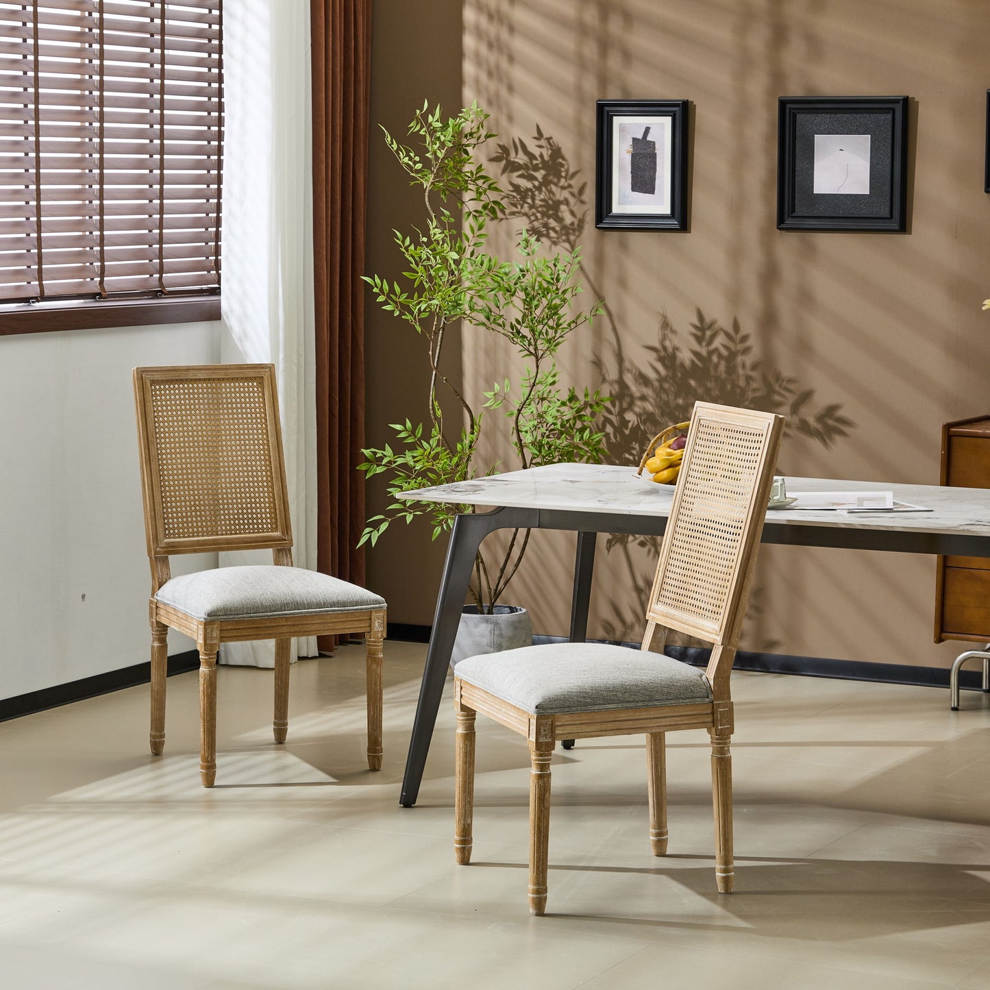 French Country Dining Chair With Rectangular Cane Backrest And Smooth Upholstered Seating