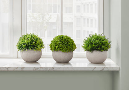 5" Tall, Artificial Plant, Grass, Indoor, Faux, Fake, Table, Greenery, Potted, Decorative (Set of 3) - Green / Gray