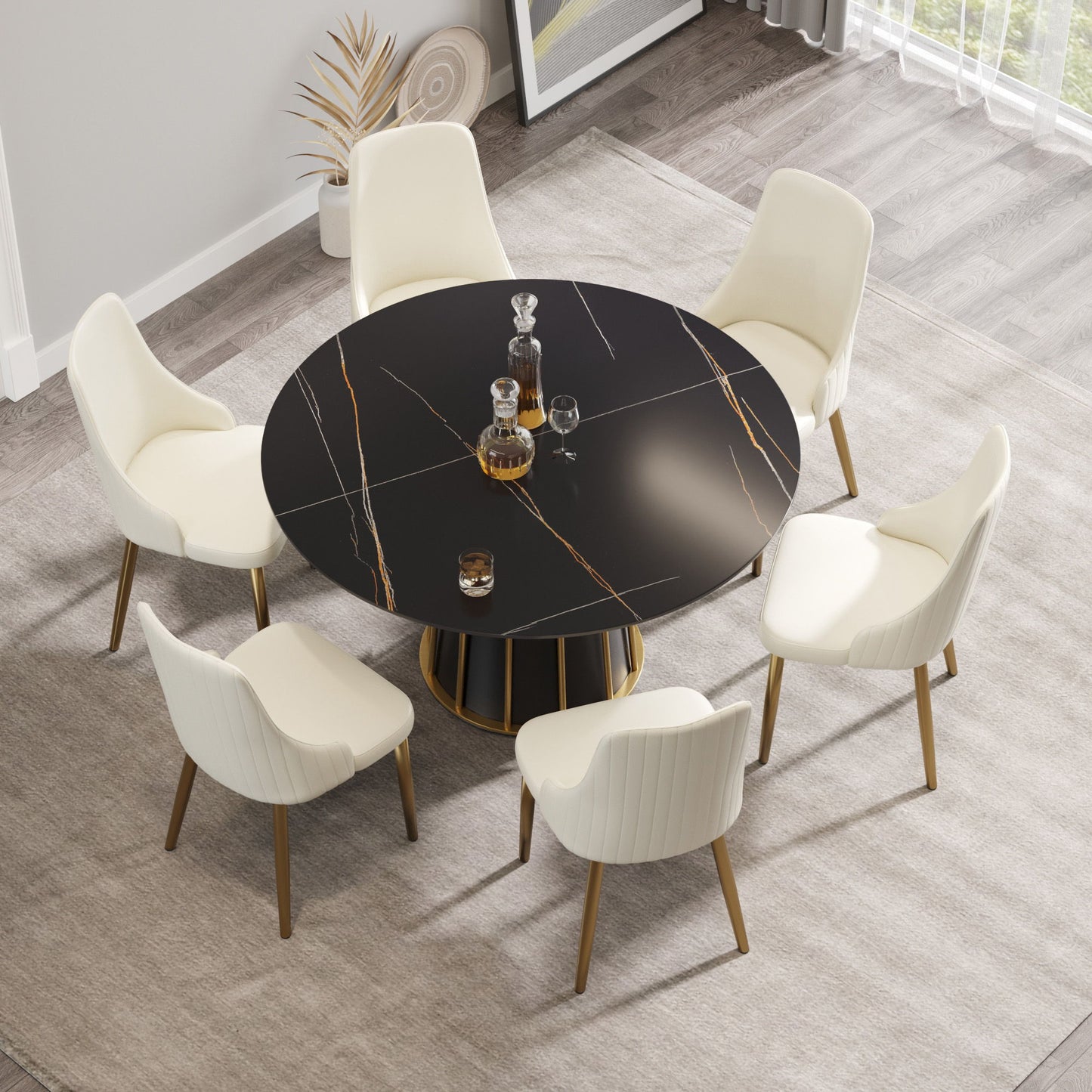 Modern Artificial Stone Round Metal Iron Base Dining Table, Can Accommodate 6 People (Not Including Chairs.) - Black