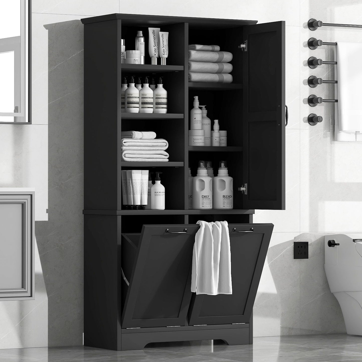 Freestanding Bathroom Storage Cabinet With Doors And Drawers, Adjustable Shelves, Tilt-Out Laundry Hamper
