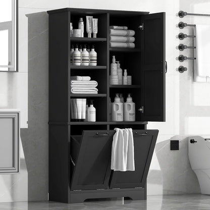 Freestanding Bathroom Storage Cabinet With Doors And Drawers, Adjustable Shelves, Tilt-Out Laundry Hamper