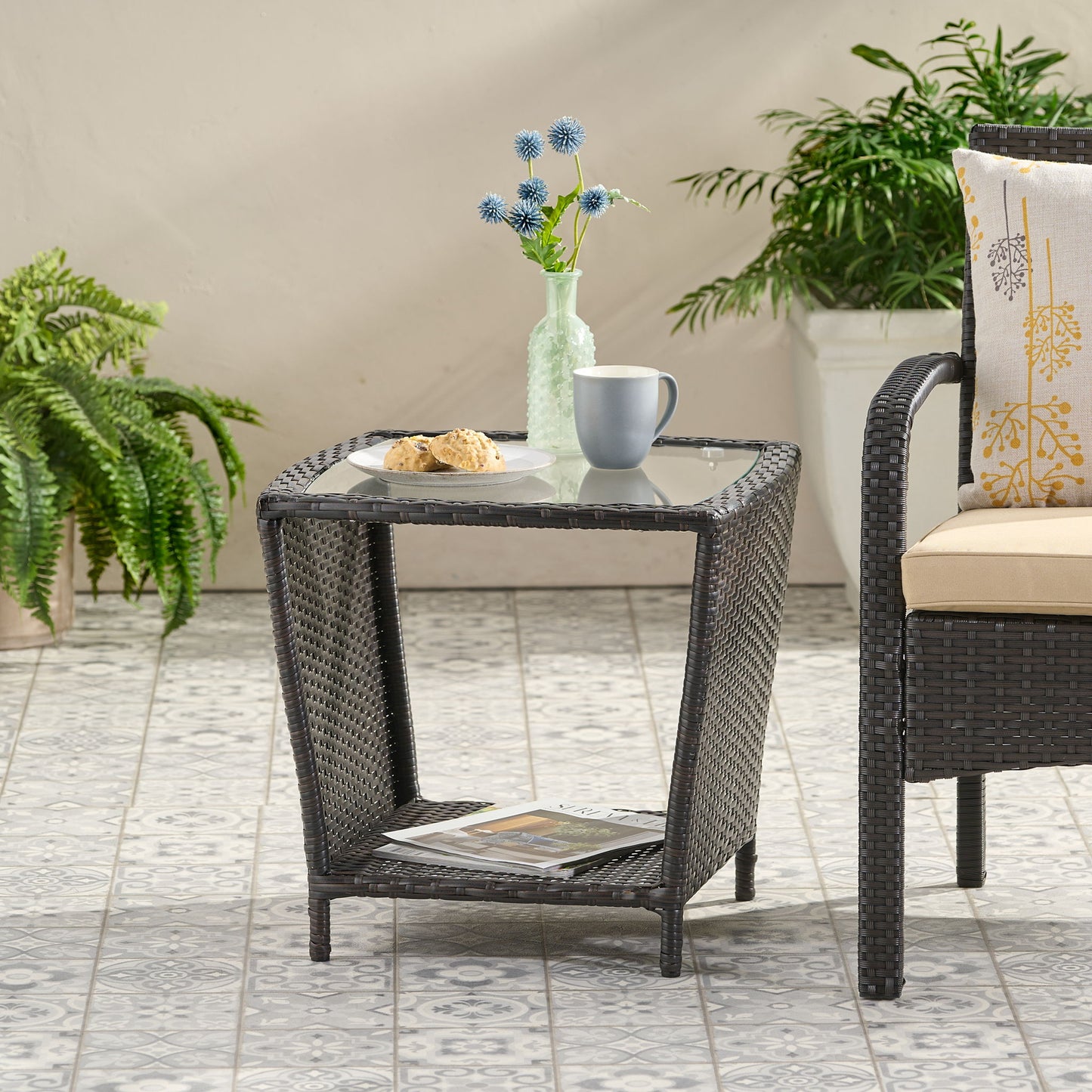Trenton - Outdoor Side Table With Glass Top - Brown Rattan
