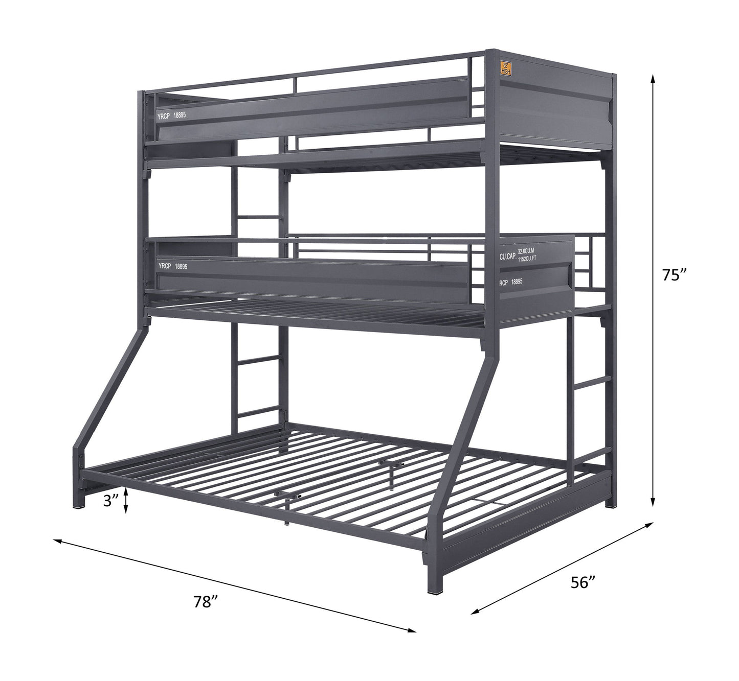 Cargo - Twin Over Twin Over Full Bunk Bed - Gunmetal