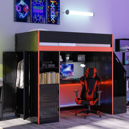 Gaming Loft Bed With Desk And Storage, LED Lights