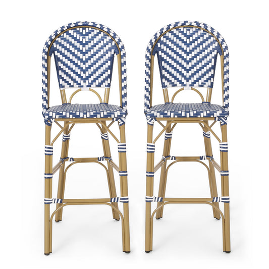 Outdoor Rattan French Barstool Set,, Bamboo, Seat Height - Navy Blue / White