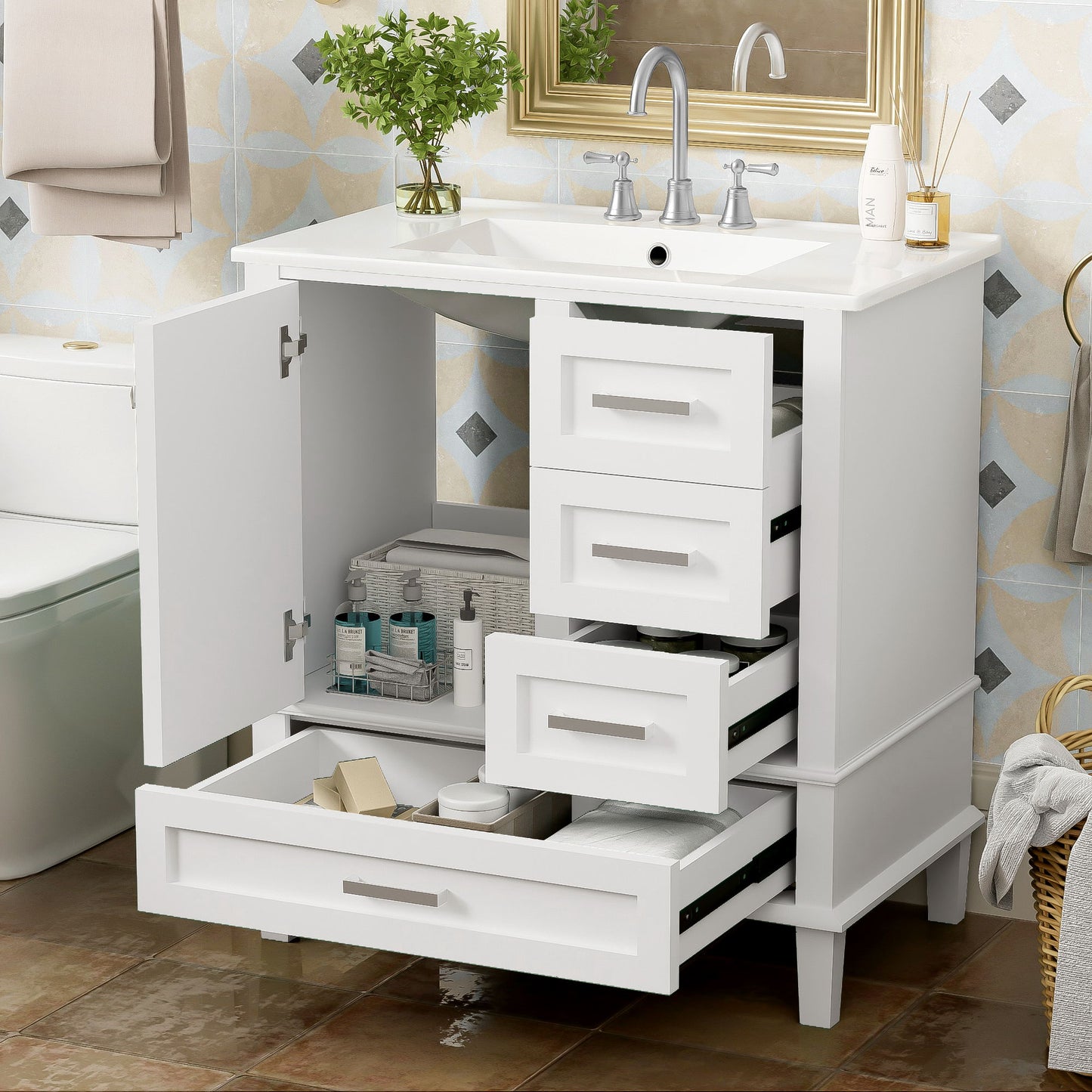 Bathroom Vanity, Modern Bathroom Cabinet With Sink Combo Set, Bathroom Storage Cabinet With A Soft Closing Door And 3 Drawers, Solid Wood Frame