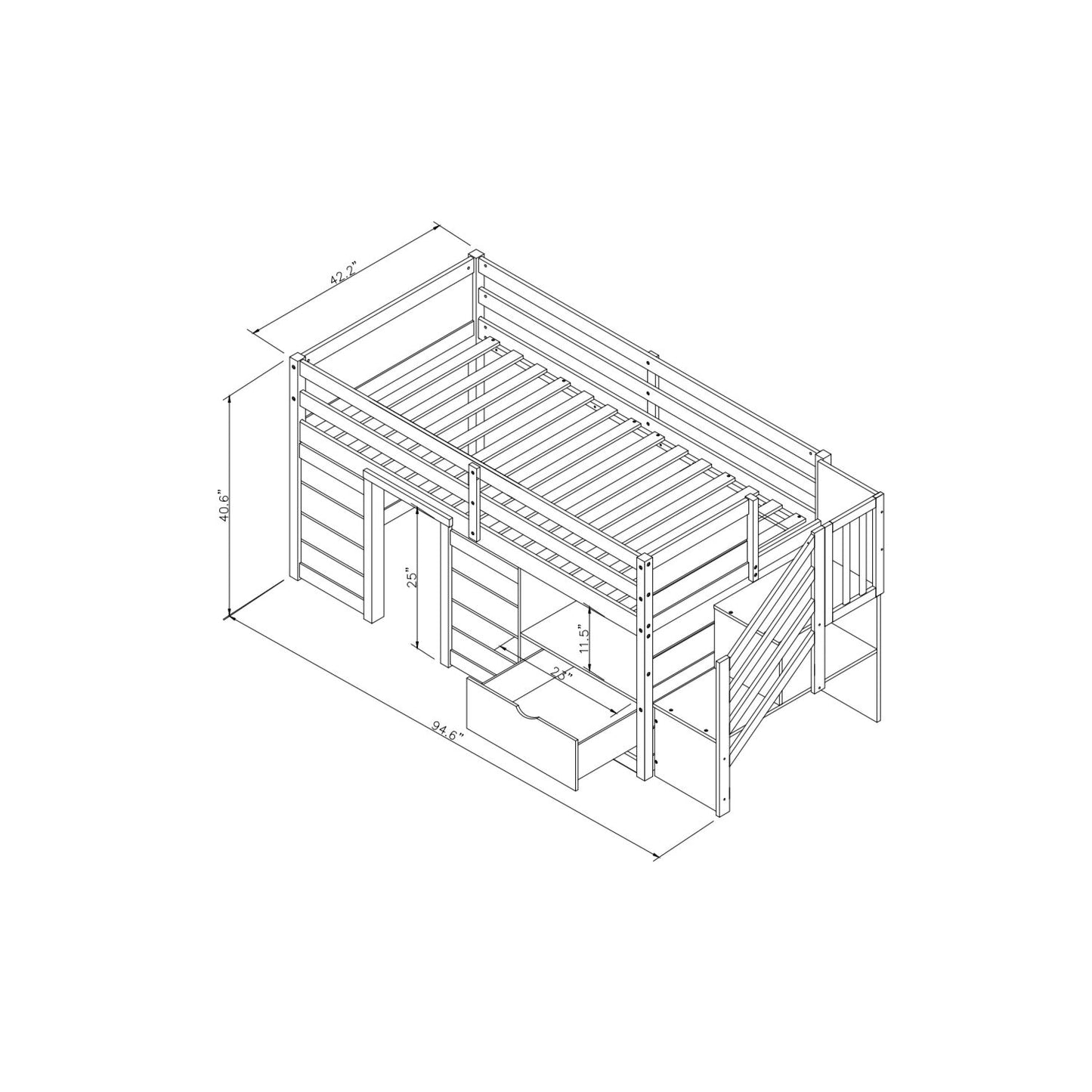 Low Loft Bed With Stair, Drawer, And Shelf