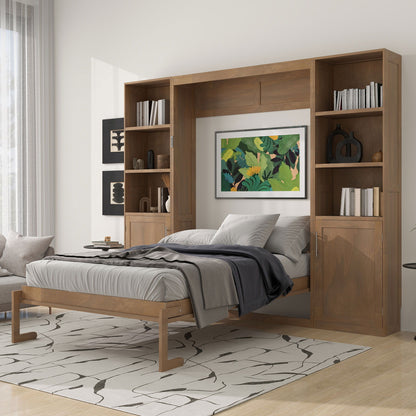 Queen Size Murphy Bed With Storage Shelves And Cabinets - Wood
