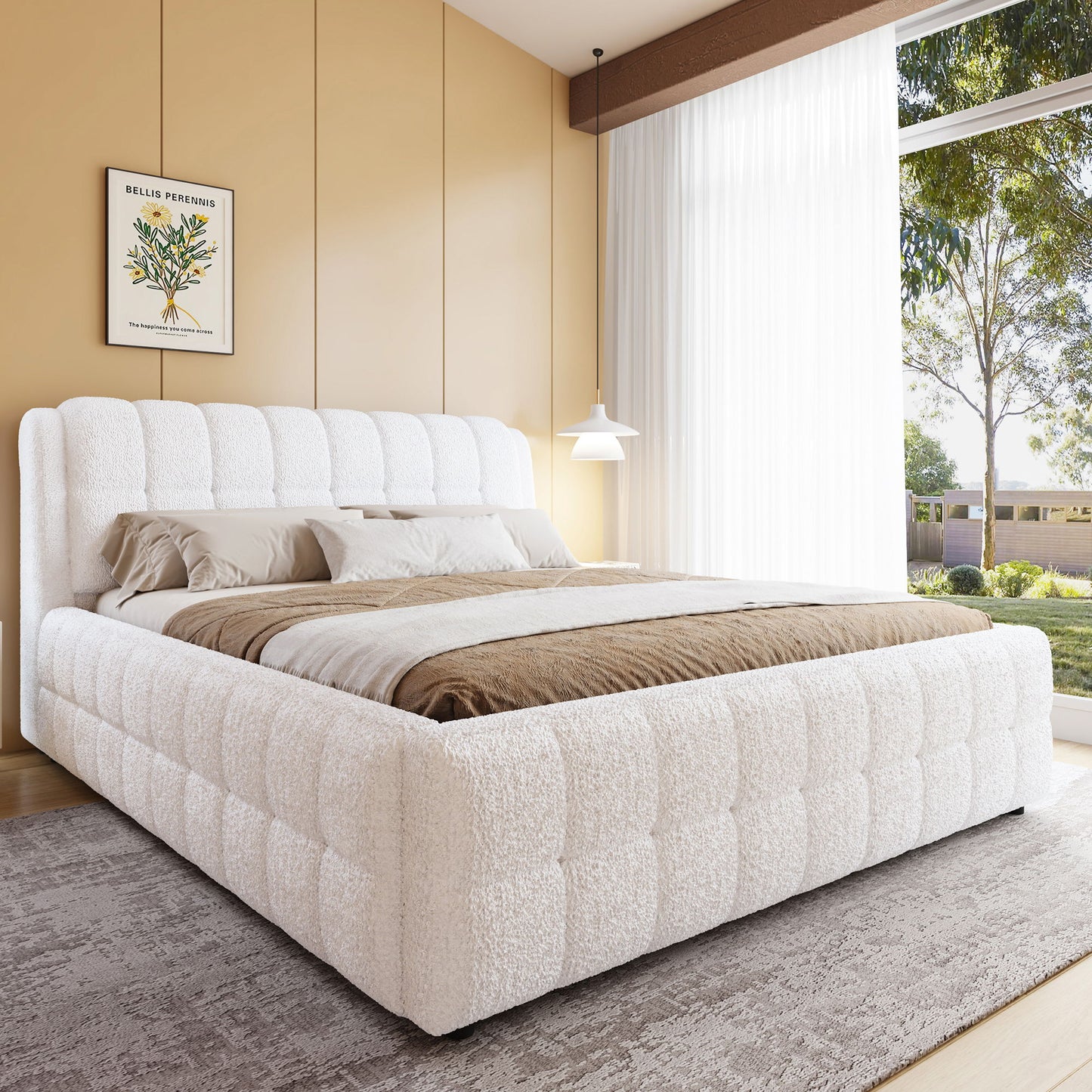 Upholstered Platform Bed With Stiching Details
