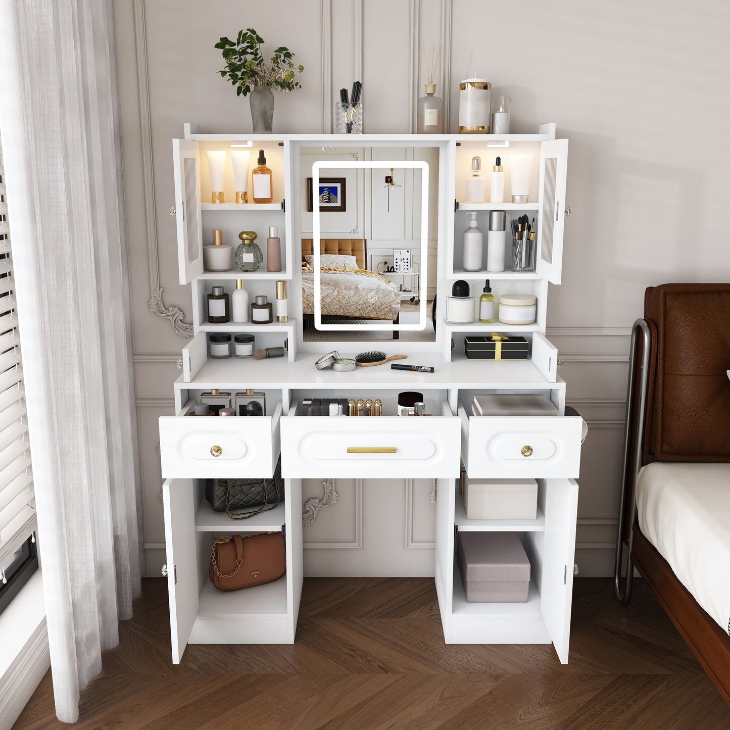 Large Vanity Table Set With Mirror, 6 Drawers & Shelves, Power Socket, Hair Dryer Holder, Cabinet Light, Dressing Desk - White