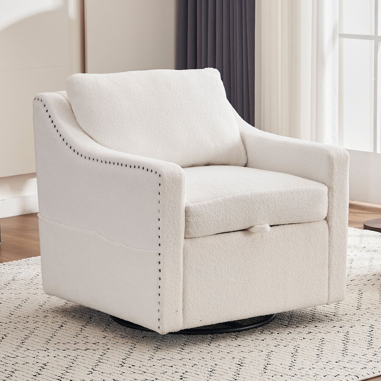 Linen Fabric 360° Swivel Accent Chair With Upholstered Back Pillow And Rivet Armrest