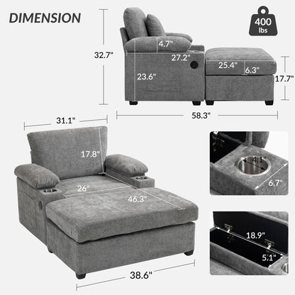 Modern Oversized Chair With Ottoman, Cupholders And USB Charging Ports