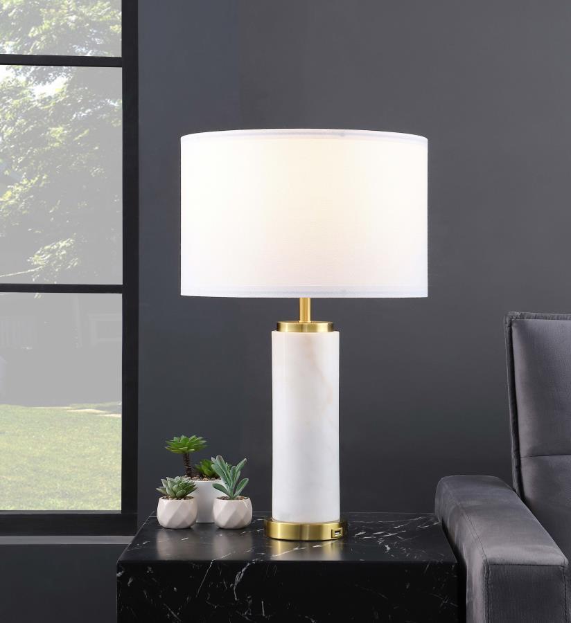 Lucius - Drum Shade Marble Body Table Lamp - White