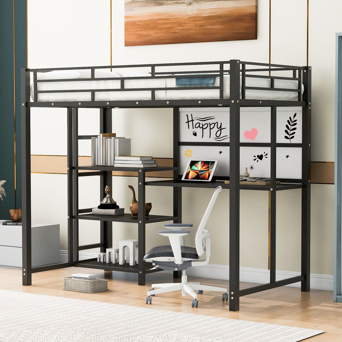 Loft Bed With Desk And Whiteboard, Metal Loft Bed With 3 Shelves And Ladder