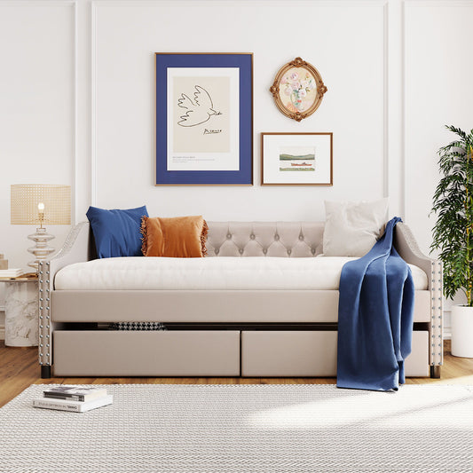 Upholstered Daybed With Two Drawers, Wood Slat Support