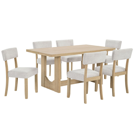 7 Piece Dining Table Set For 6, Rectangular Table With 6 Upholstered Chairs, Sturdy U - Shaped Base For Dining Room - Light Oak