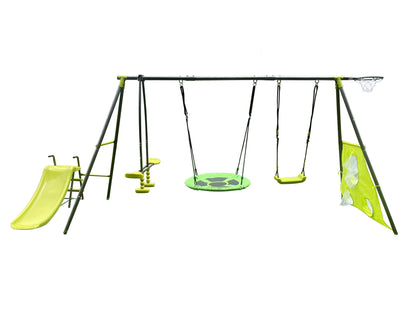 Interesting Six Function Swingset With Net Swing Metal Plastic Safe Swing Set 440Lbs For Outdoor Playground For Age 3+ With 31.5" Net Swing - Gray / Blue