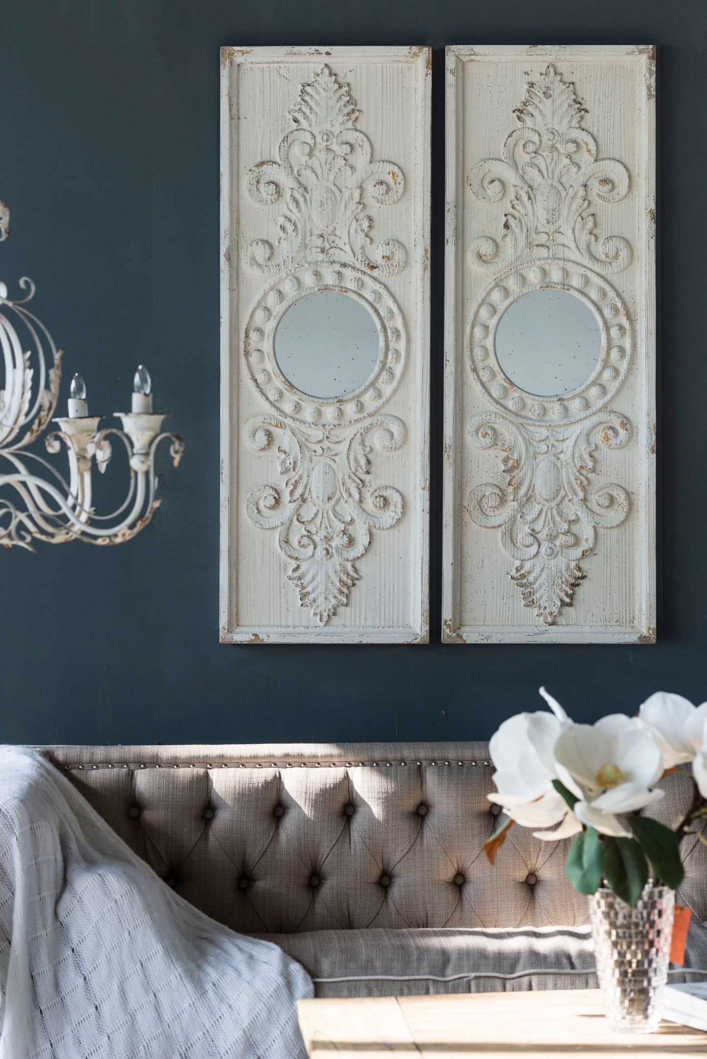 Large Wooden Wall Art Panels With Distressed Round Mirror Accents (Set of 2) - White