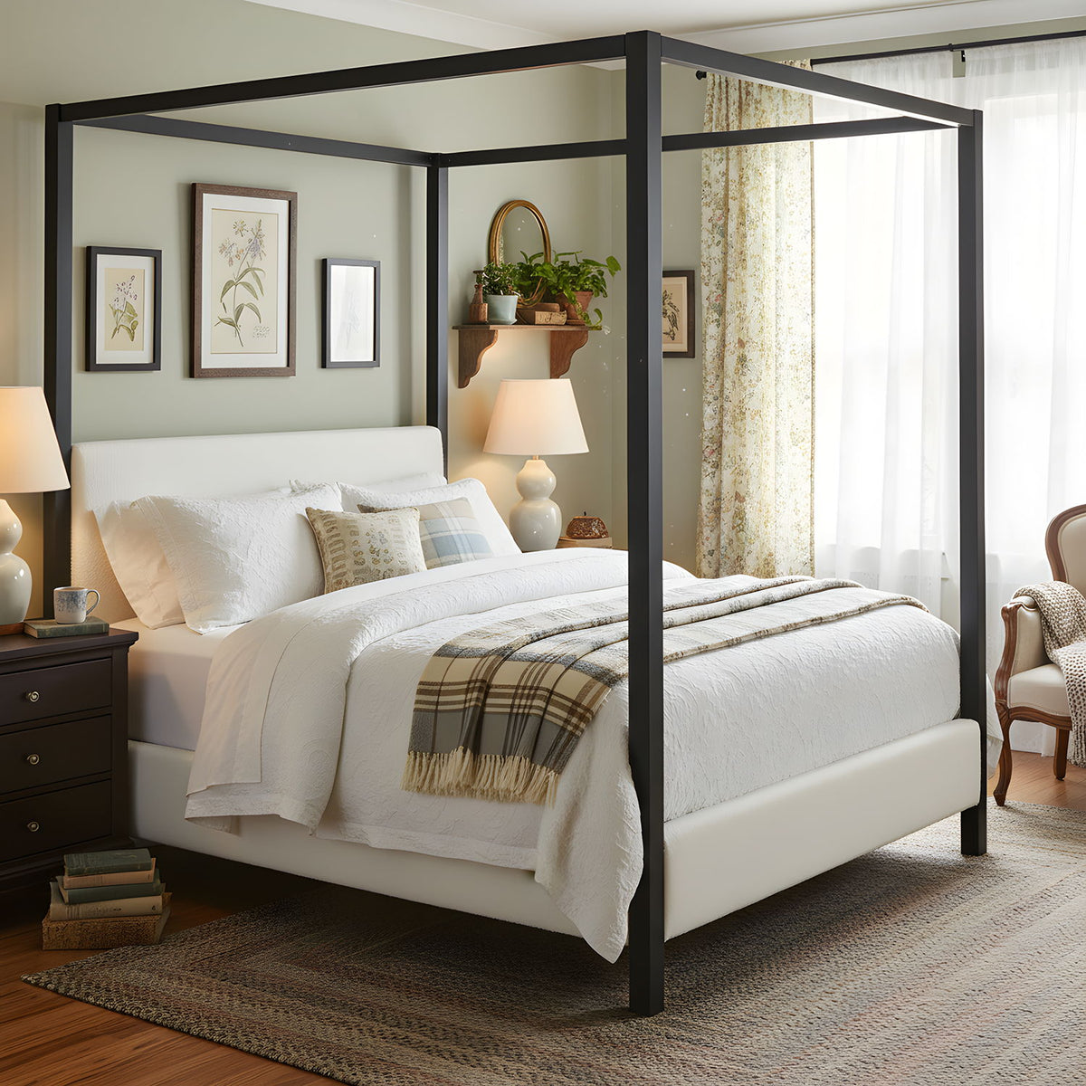 Queen Canopy Bed With Upholstery - White / Black