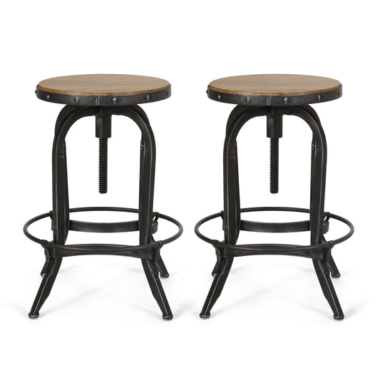 Industrial Firwood Adjustable Height Swivel Barstools (Set of 2) Metal & Wood - Natural / Pewter