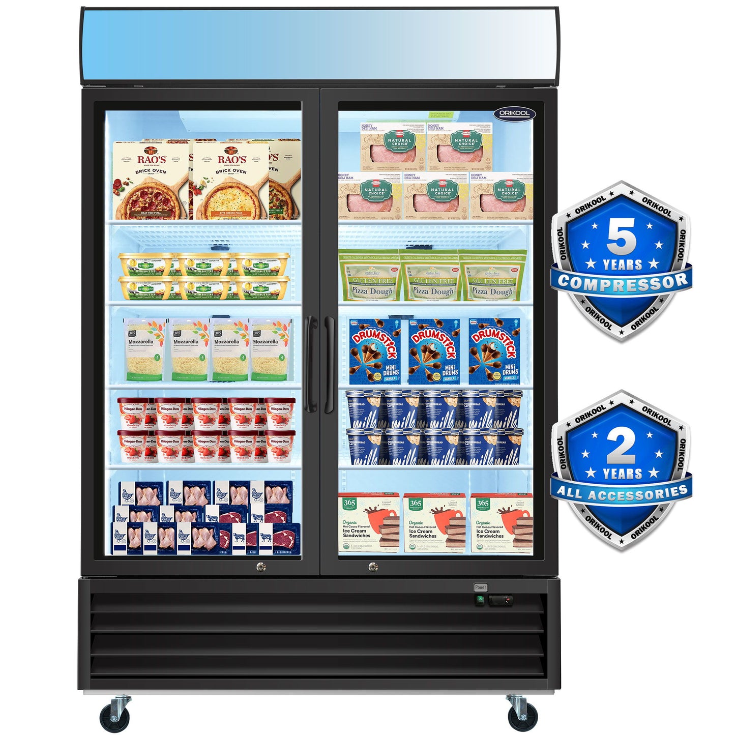 Glass Door Merchandiser Freezer Swing Door Commercial Reach-In Display Freezers With LED Top Panel Upright Freeze Storage