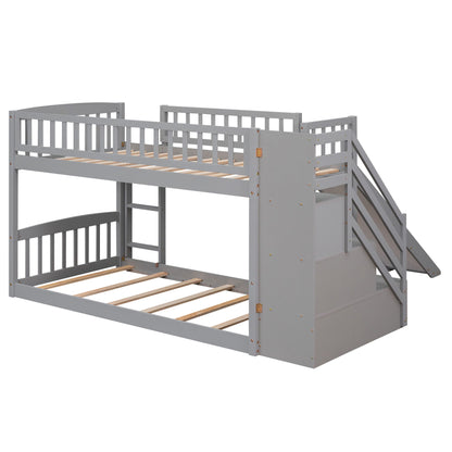 Twin Over Twin Bunk Stairway Bed With 2 Drawers And Slide - Gray
