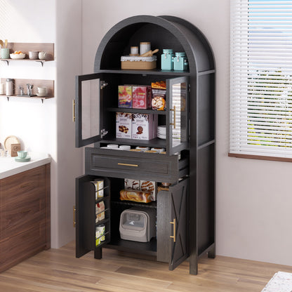Arched Kitchen Pantry Cabinet With Adjustable Shelves & Barn Door Design