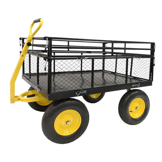 Steel Garden Cart, Heavy Duty 1400 Lbs Capacity, With Removable Mesh Sides To Convert Into Flatbed, Utility Metal Wagon With 2-In-1 Handle And 16 In Tires, Perfect For Garden, Farm, Yard - Black