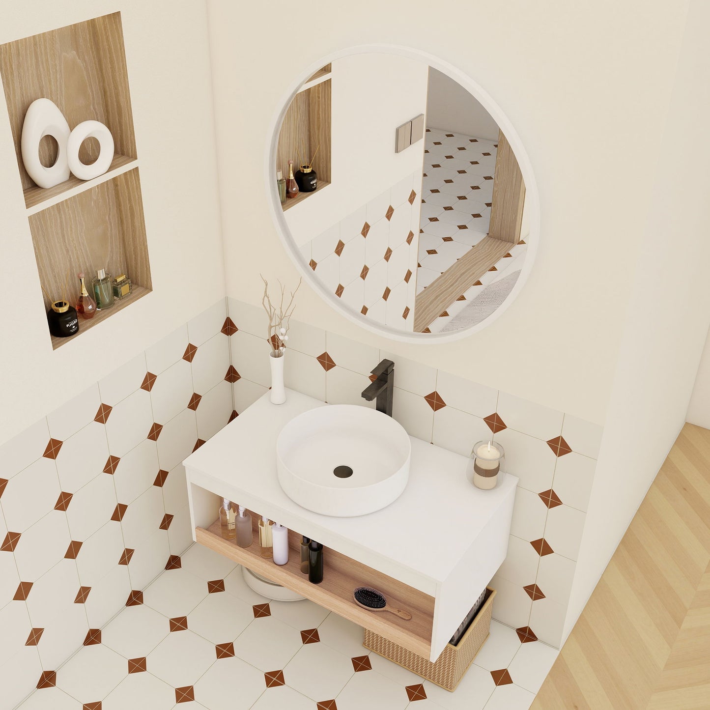 Floating Bathroom Vanity With Glossy Round Vessel Sink